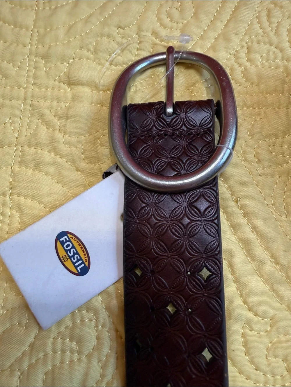 Fossil Dark Brown Textured Leather S Belt with Silver Buckle